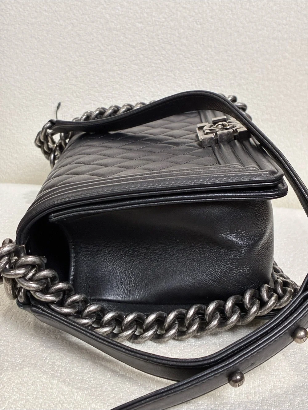 CHANEL Black Quilted Leather Boy Shoulder Bag with Silver-Tone Hardware